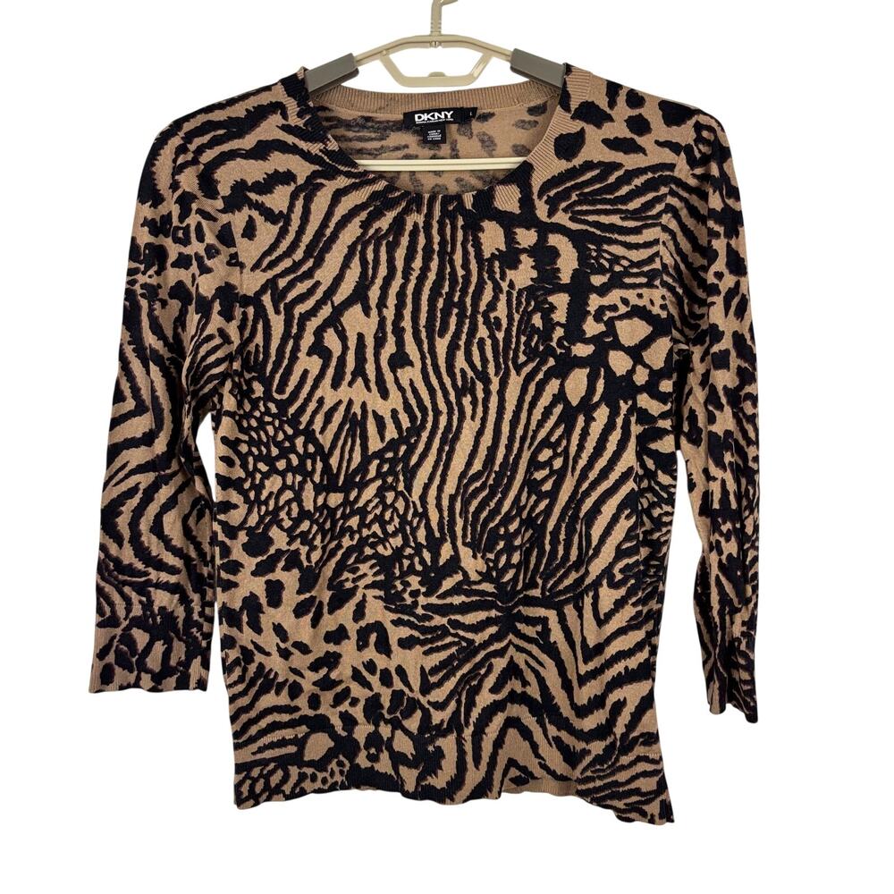 Animal Print Sweater Silk Cashmere lightweight 3/4 sleeve DKNY quiet luxury Lg